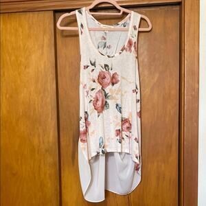 NWT Asymmetrical Cream Floral Tank Top Draped Racer Back Sheer Detail Feminine